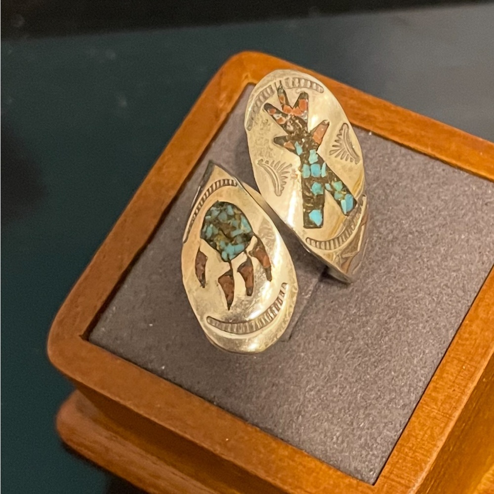 Nakai ring chip turquoise inlay sterling (tested) silver southwestern bear paw